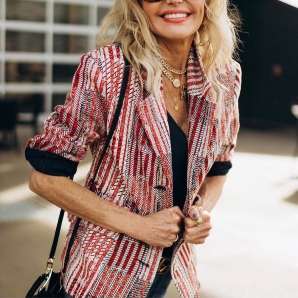 Cabi  Patchwork Blazer Jacket Nautical Chic Red and White Plaid  Jacket Size S